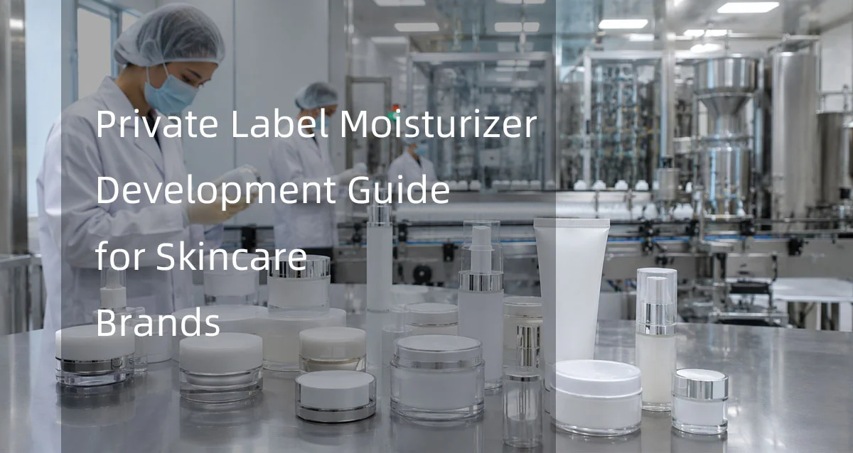 Skincare products in a laboratory with workers in protective clothing developing private-label moisturizers for skincare brands.